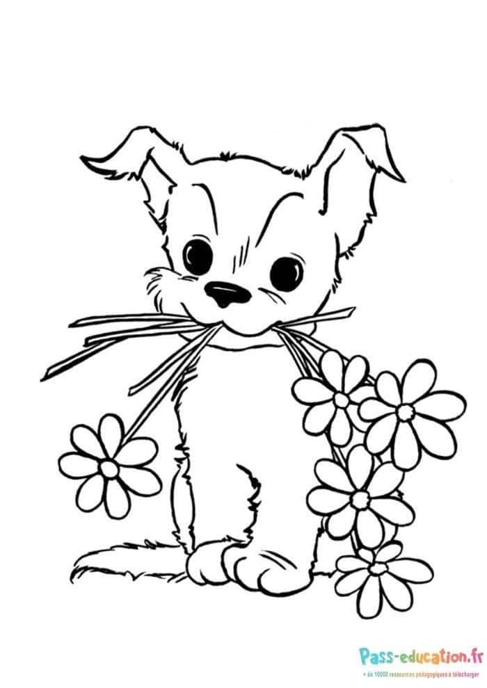 Coloriage Chiot avec fleurs à imprimer et colorier