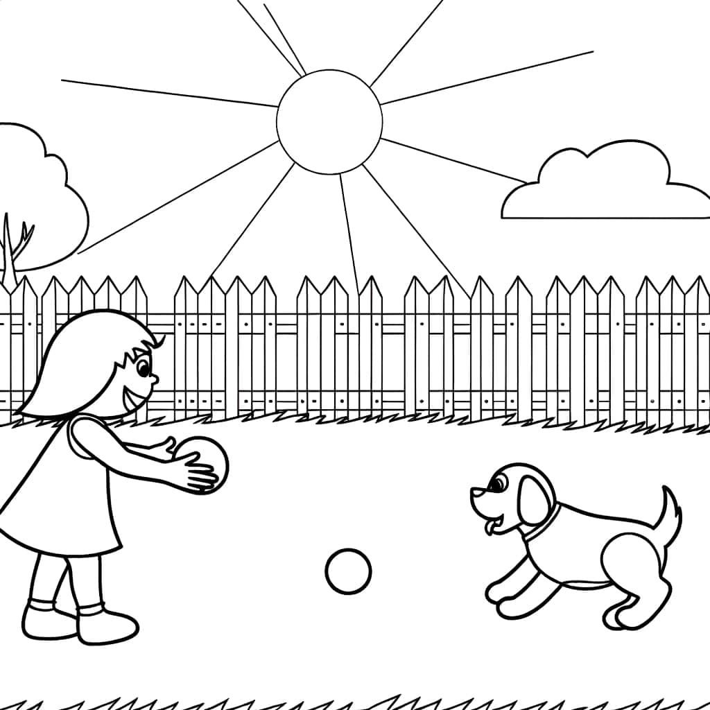 Coloriage Jeune fille jouant avec chien à imprimer et colorier