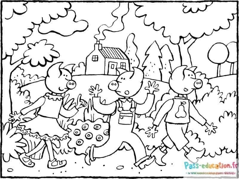 Coloriage Trois petits cochons à imprimer et colorier
