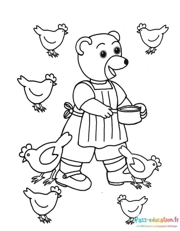 Coloriage Petit Ours Brun et poules à imprimer et colorier