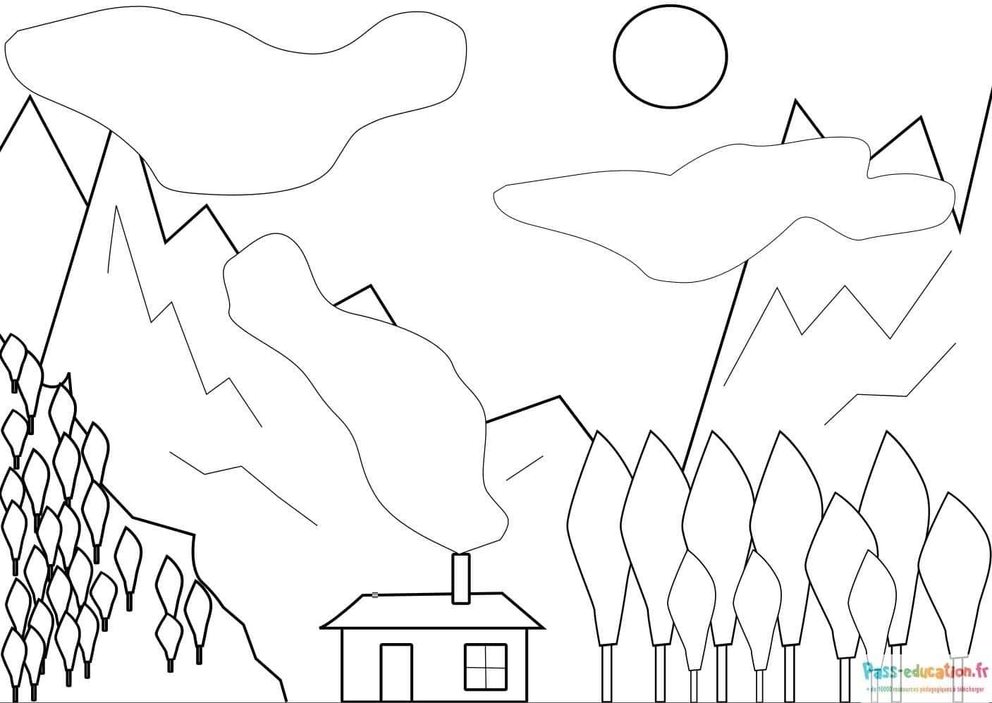 Coloriage Montagnes et maison à imprimer et colorier