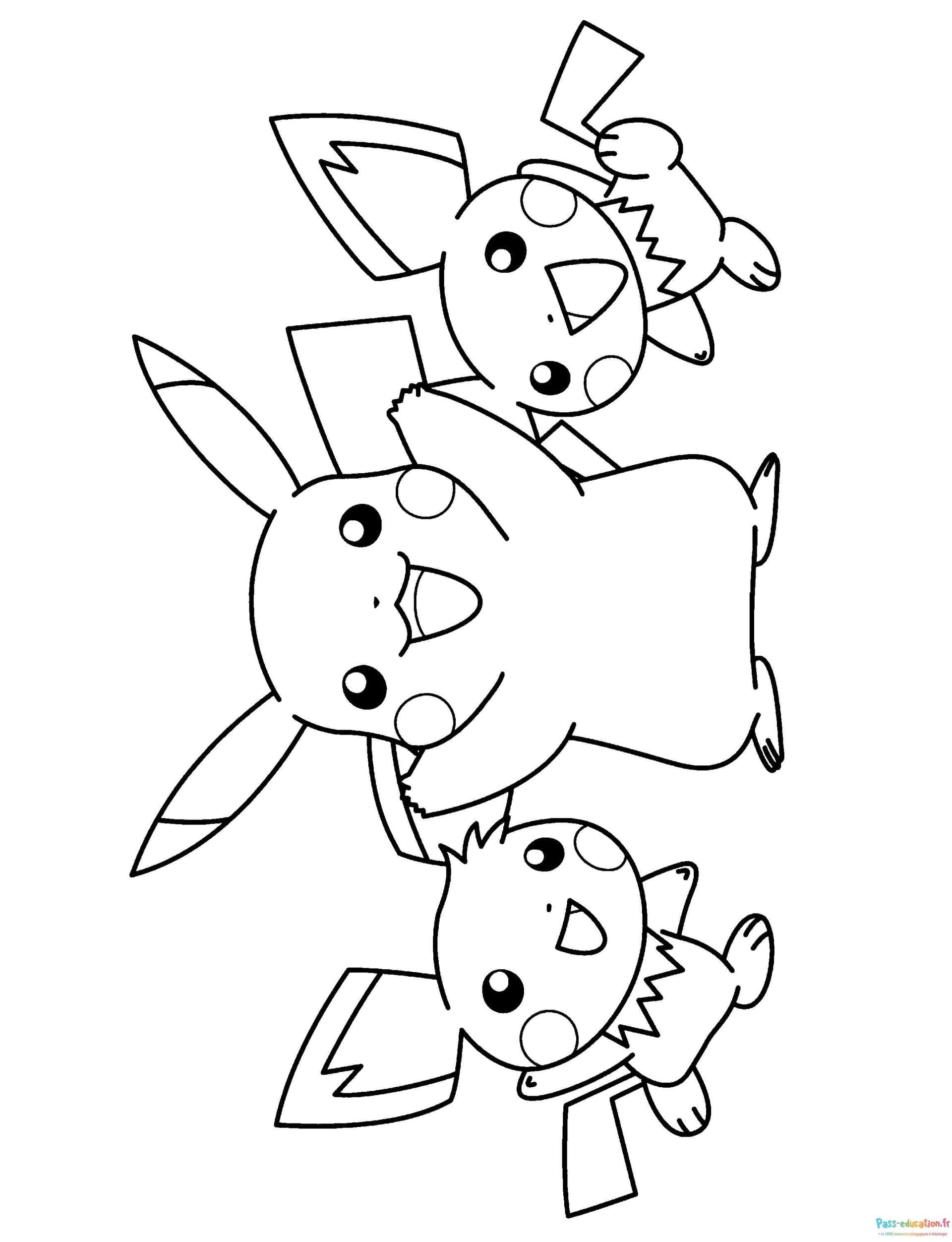 Coloriage Trois Pikachu joyeux à imprimer et colorier