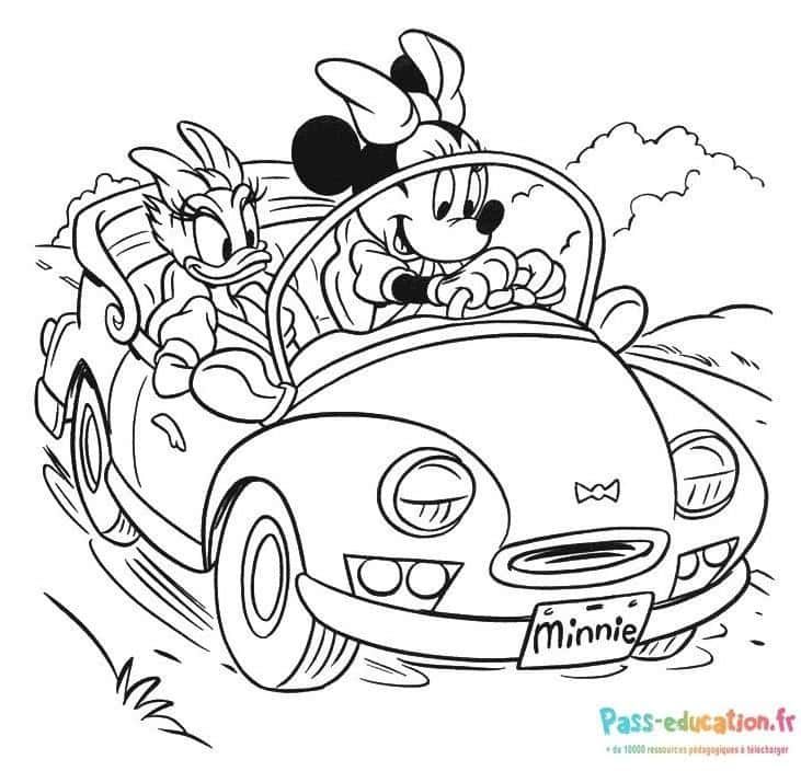 Coloriage Minnie et Daisy en voiture à imprimer et colorier