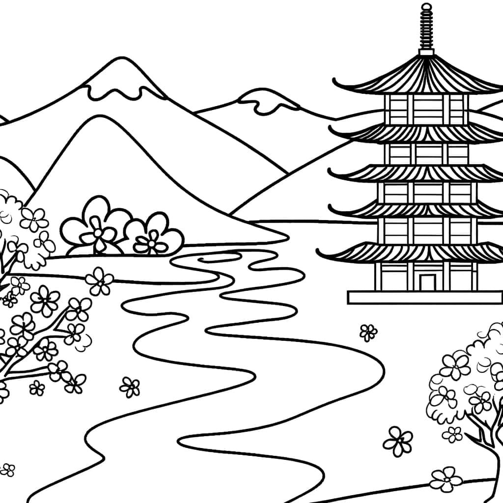 Coloriage Paysage asiatique à imprimer et colorier