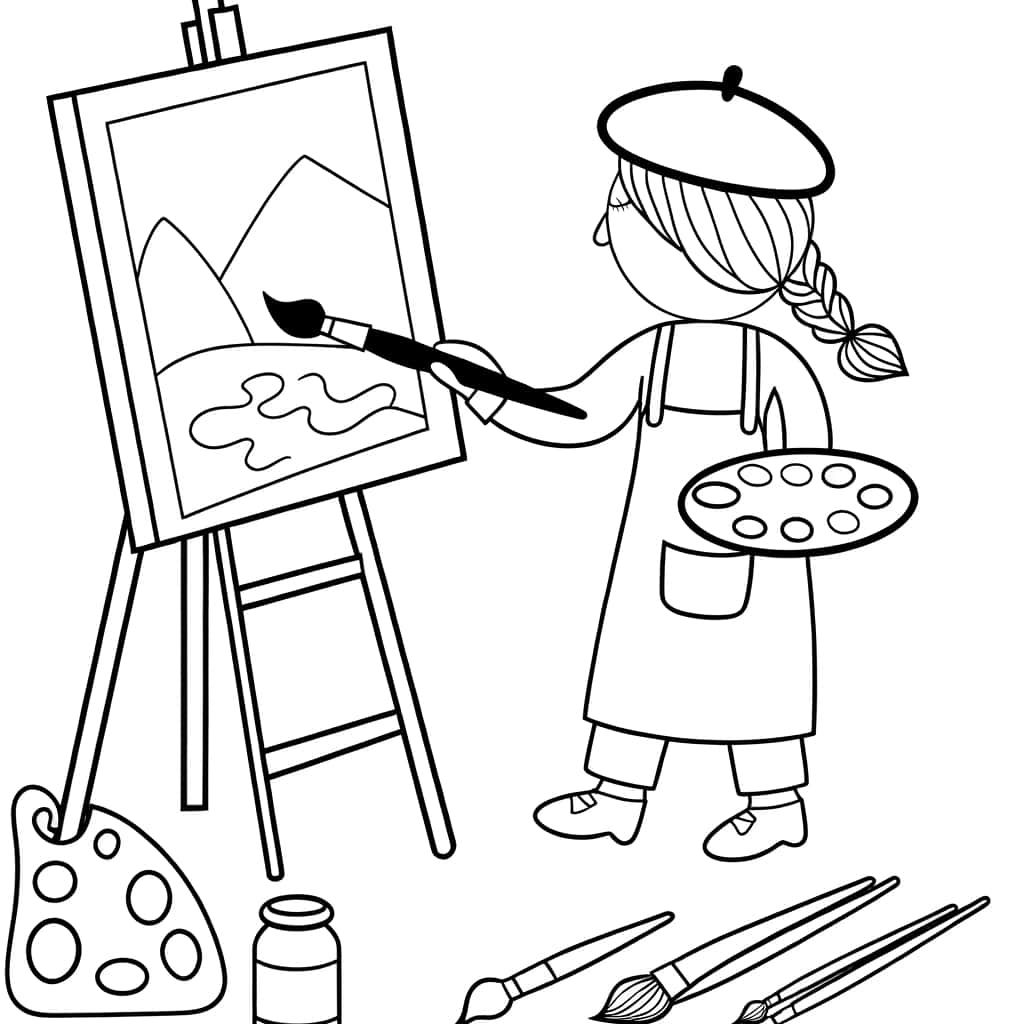 Coloriage Artiste peignant à imprimer et colorier