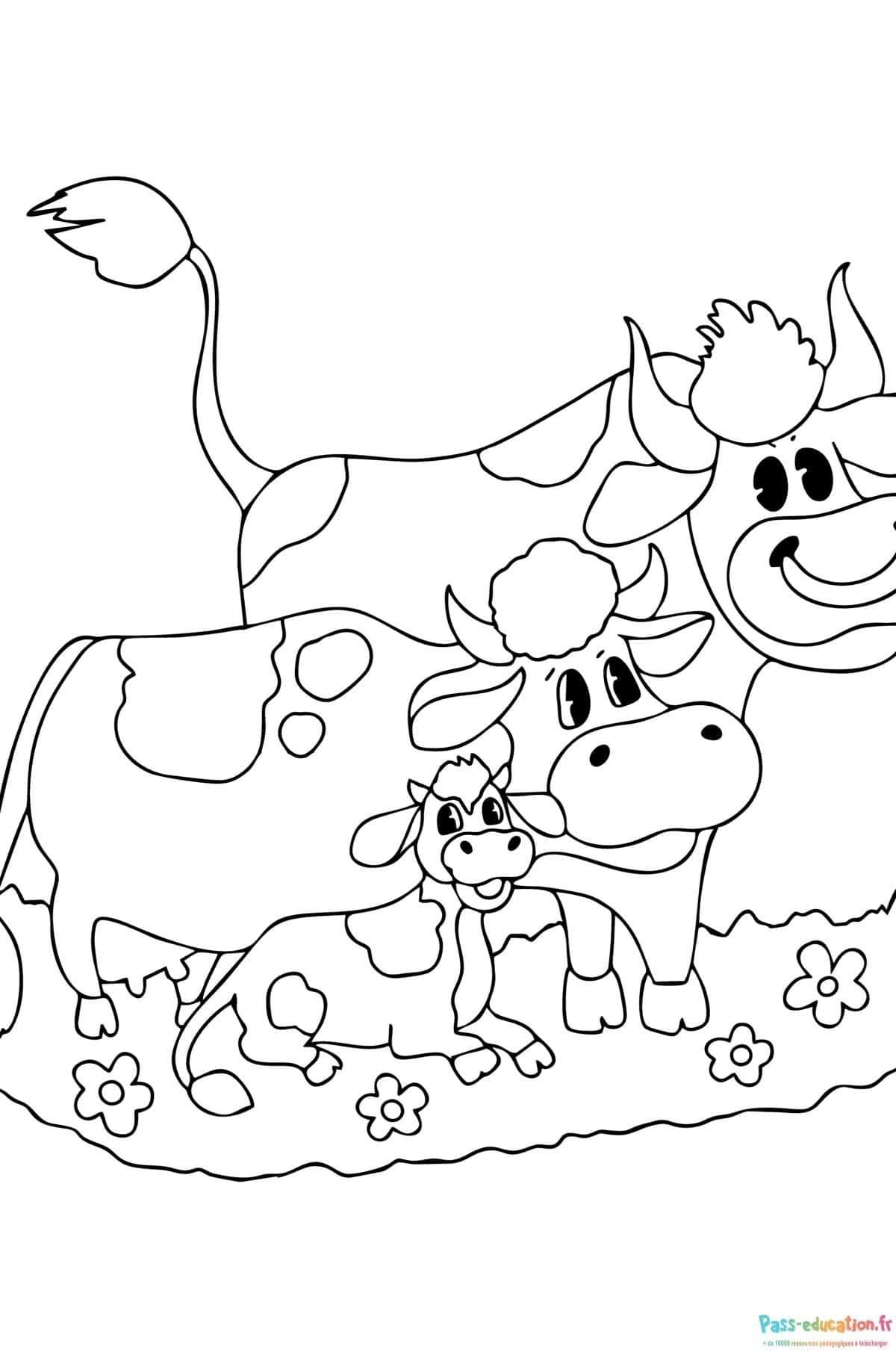 Coloriage Famille vache à imprimer et colorier