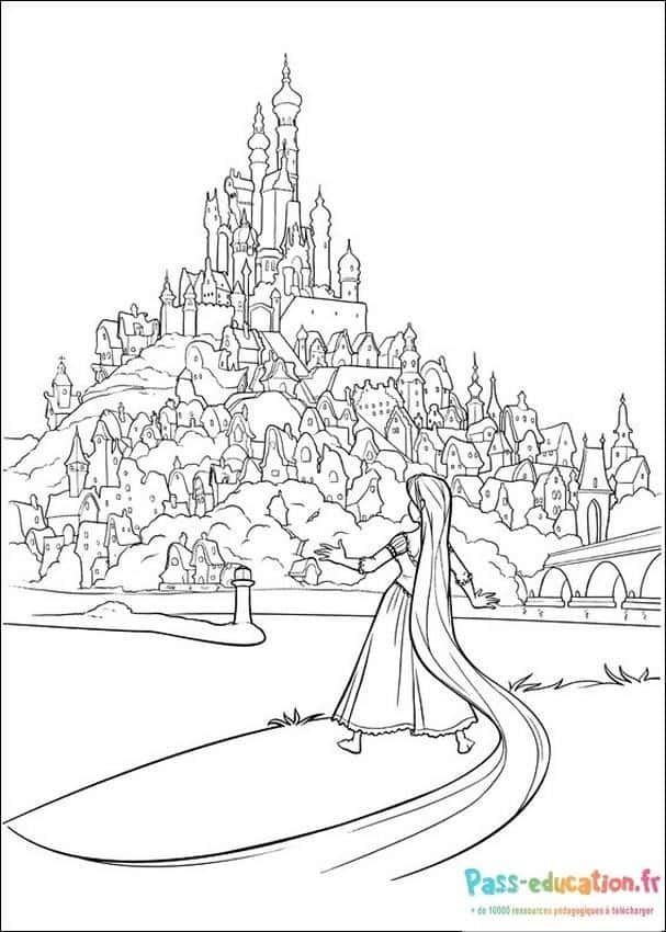 Coloriage Princesse devant château à imprimer et colorier