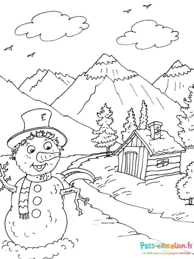 Coloriage Bonhomme de neige en montagne à imprimer et colorier