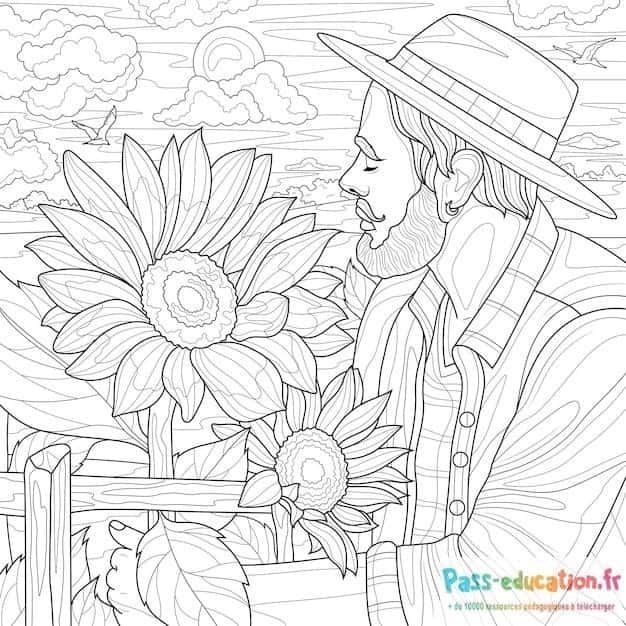 Coloriage Homme et tournesols à imprimer et colorier