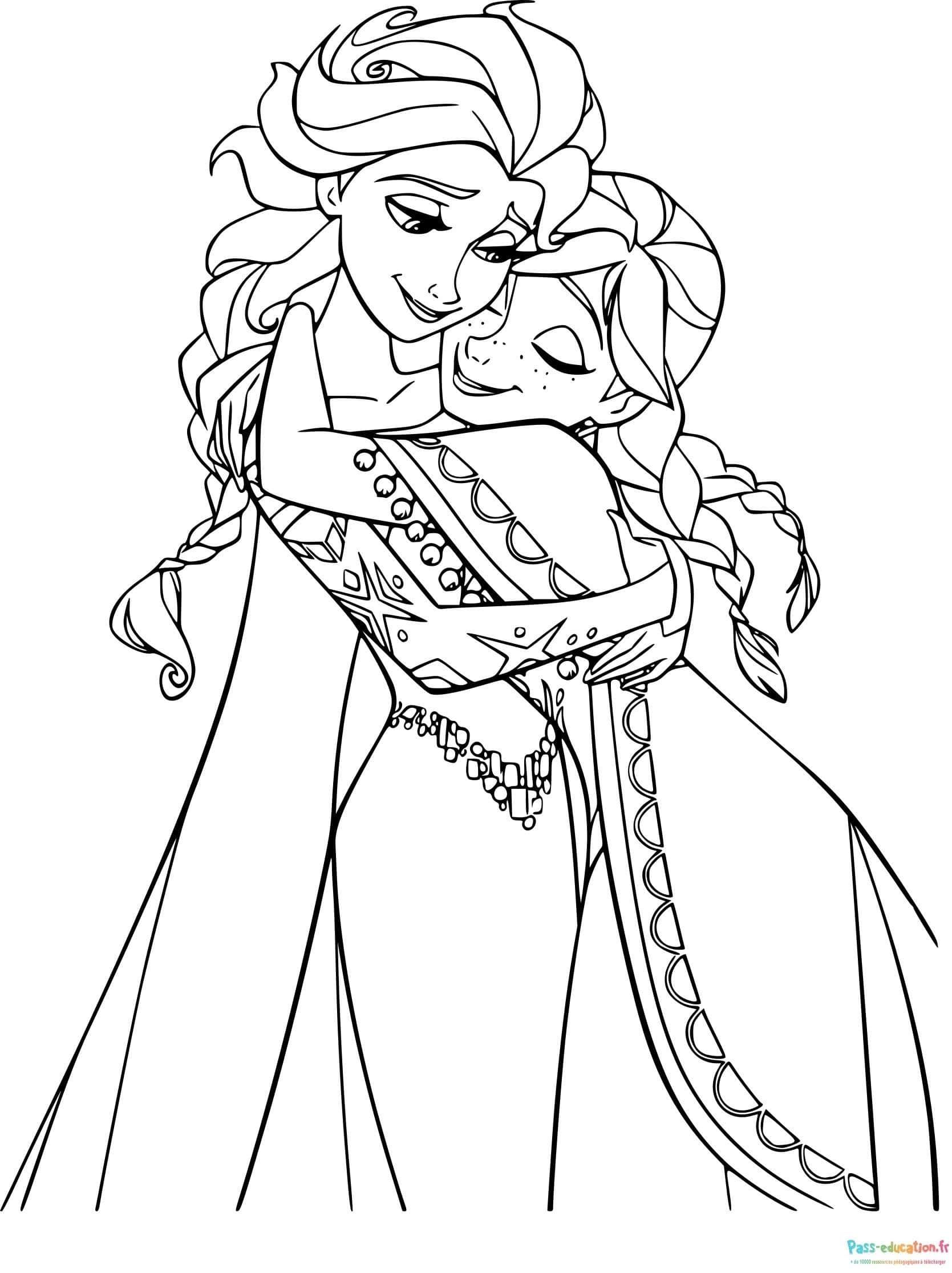 Coloriage Anna et Elsa câlin à imprimer et colorier