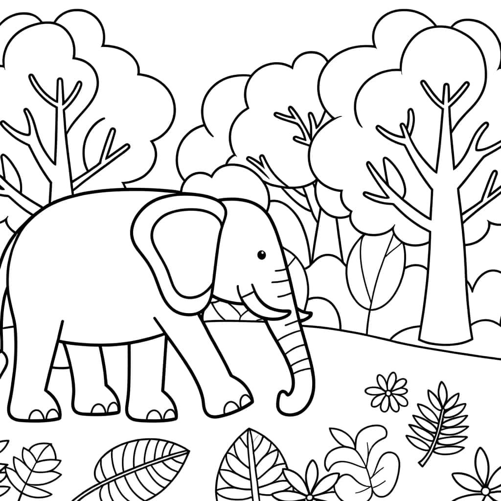 Coloriage Éléphant en forêt à imprimer et colorier