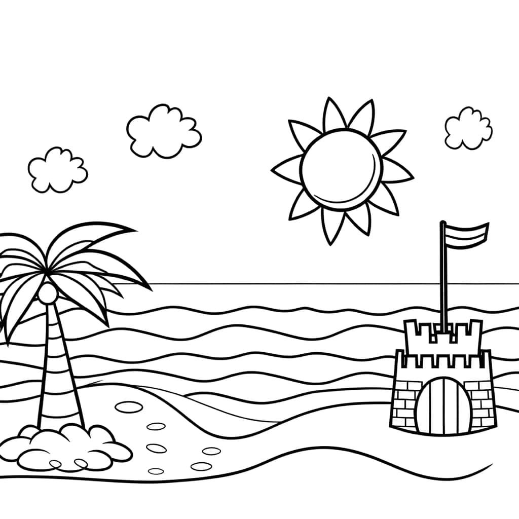 Coloriage Plage et château de sable à imprimer et colorier