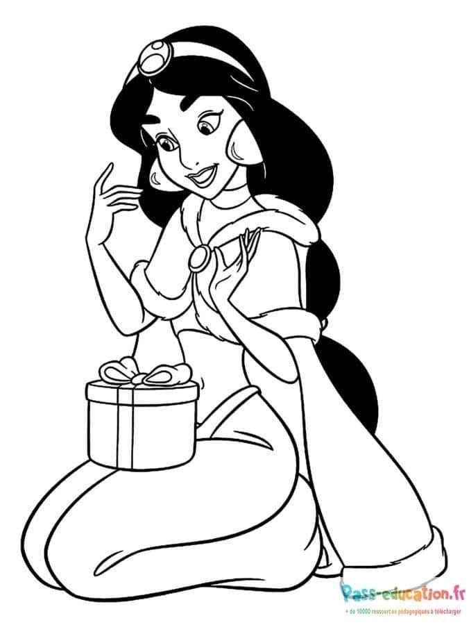 Coloriage Jasmine avec cadeau à imprimer et colorier