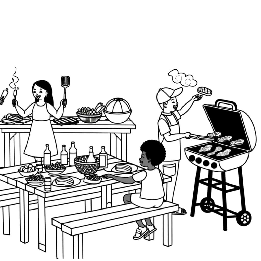 Coloriage Famille et barbecue à imprimer et colorier