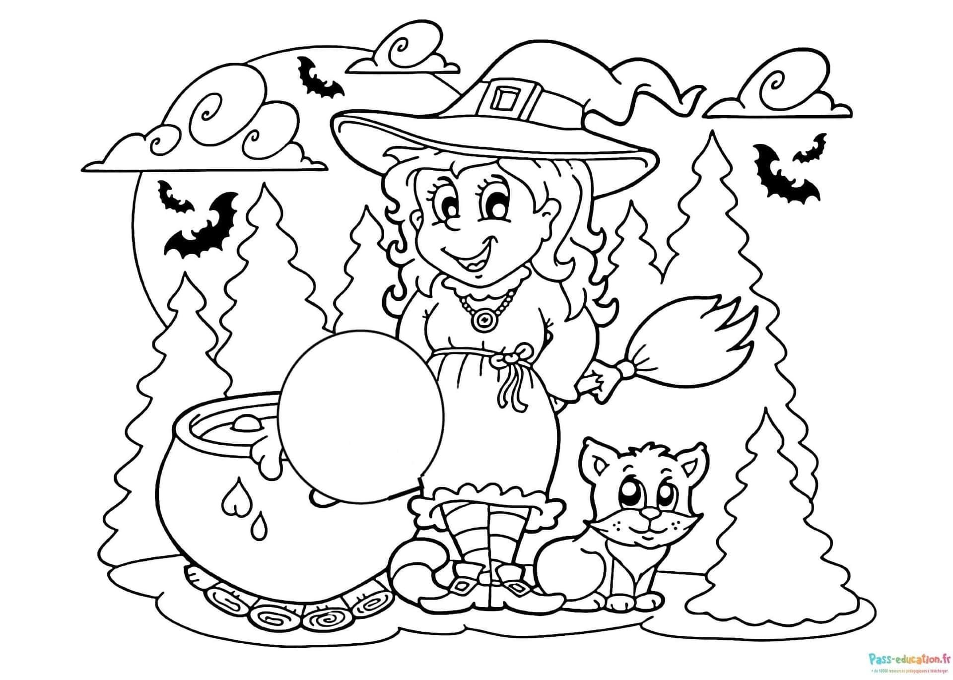 Coloriage Sorcière et Chat à imprimer et colorier