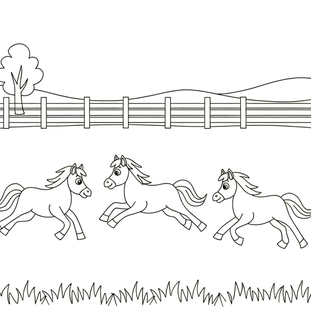 Coloriage Trois chevaux qui courent à imprimer et colorier