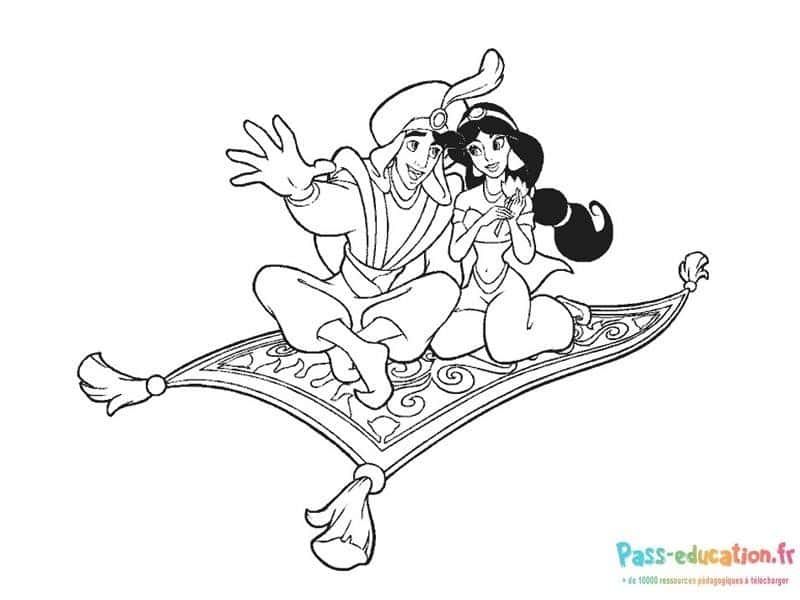 Coloriage Aladdin et Jasmine sur tapis à imprimer et colorier