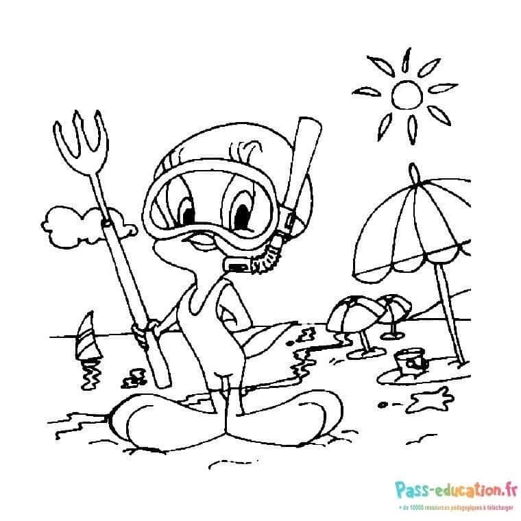 Coloriage Plage avec Tweety à imprimer et colorier