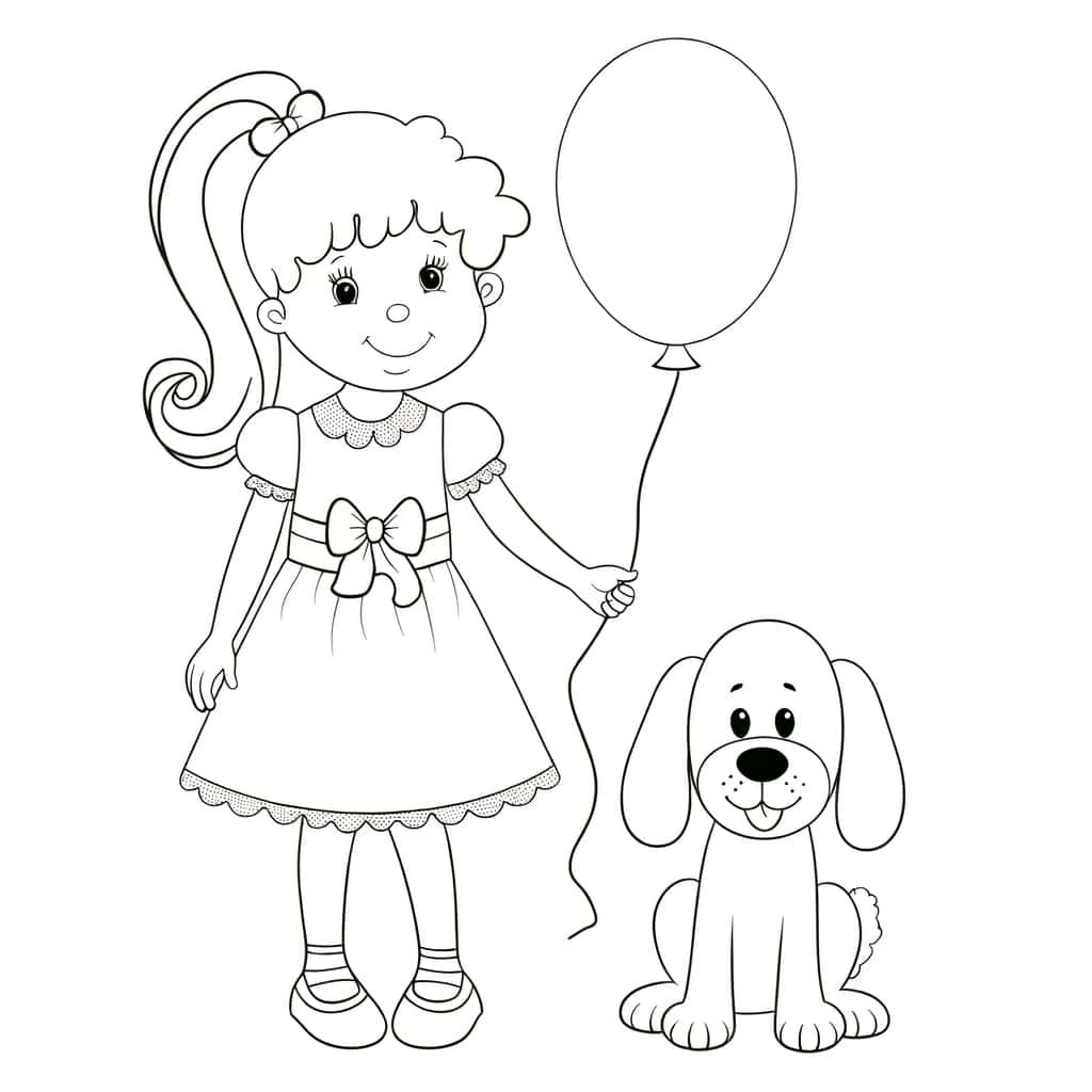 Coloriage Fille et chien avec ballon à imprimer et colorier