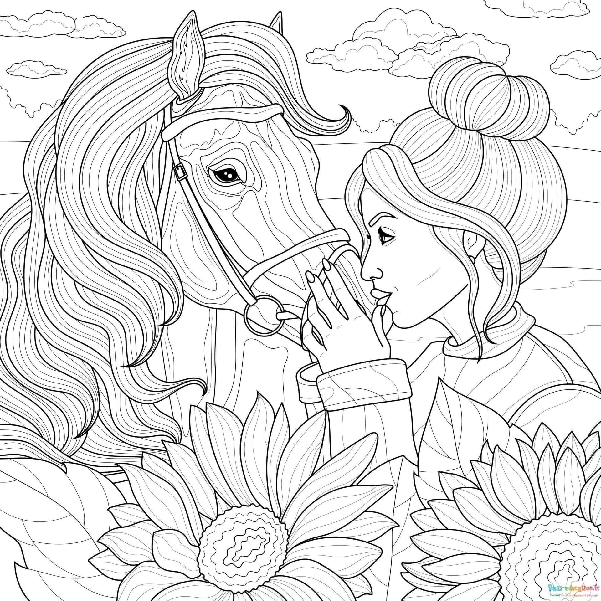 Coloriage Amie et Cheval à imprimer et colorier