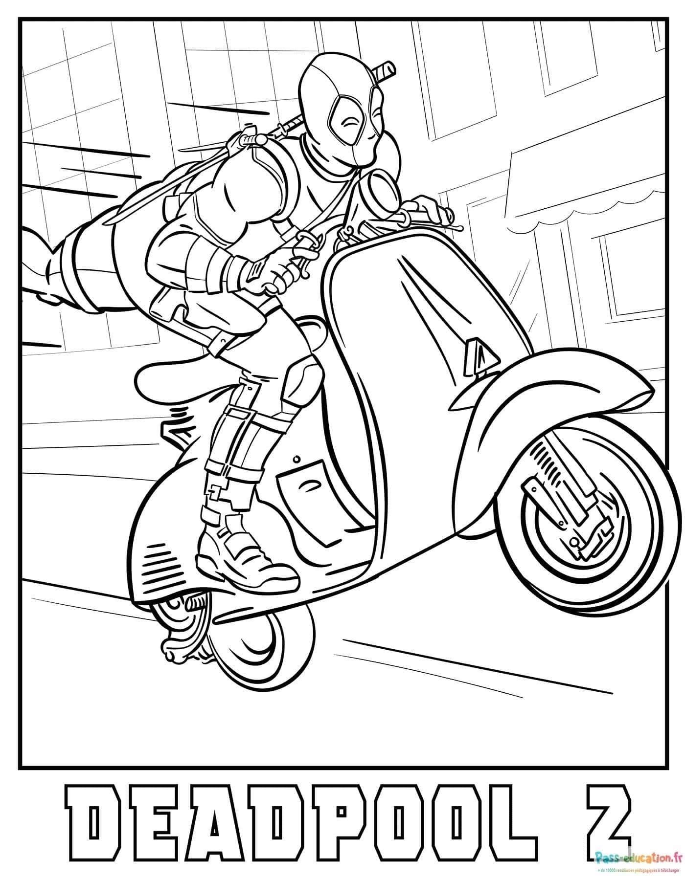 Coloriage Deadpool en scooter à imprimer et colorier