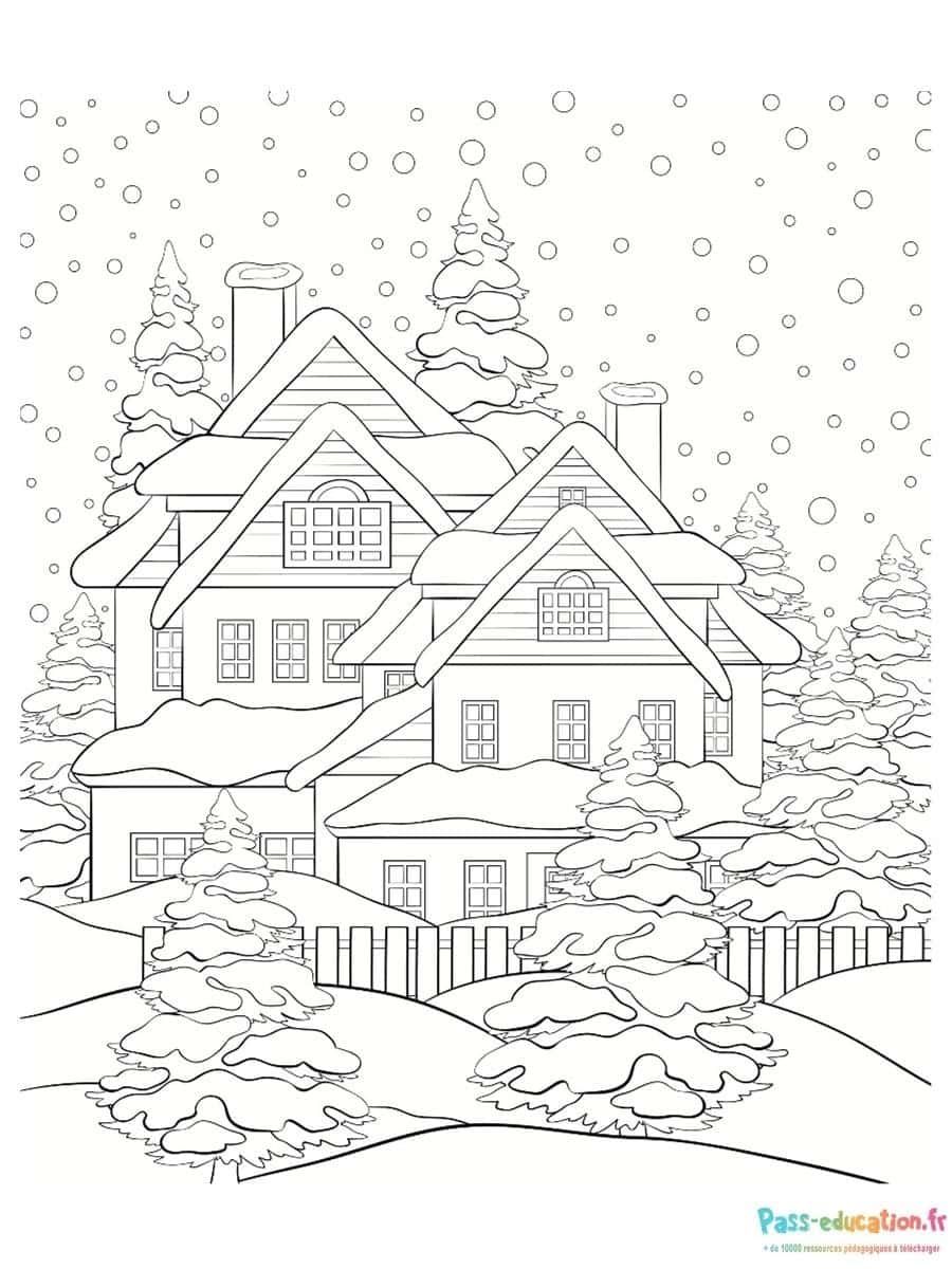 Coloriage Maison sous la neige à imprimer et colorier