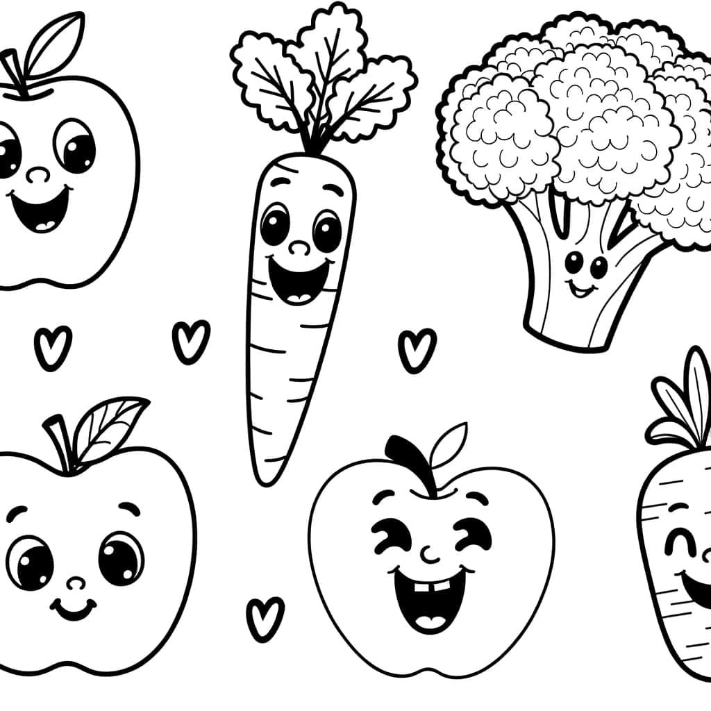 Coloriage Légumes et fruits souriants à imprimer et colorier