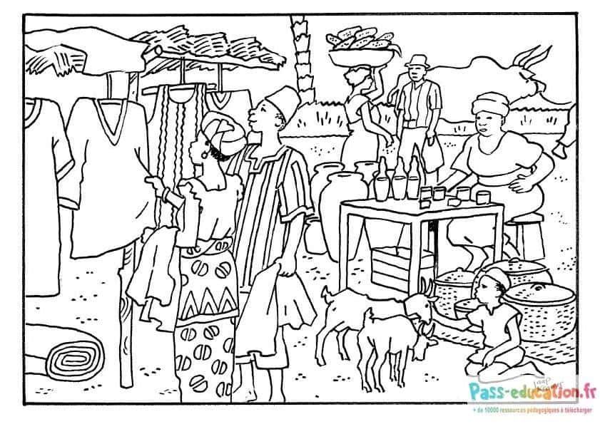 Coloriage Marché africain à imprimer et colorier
