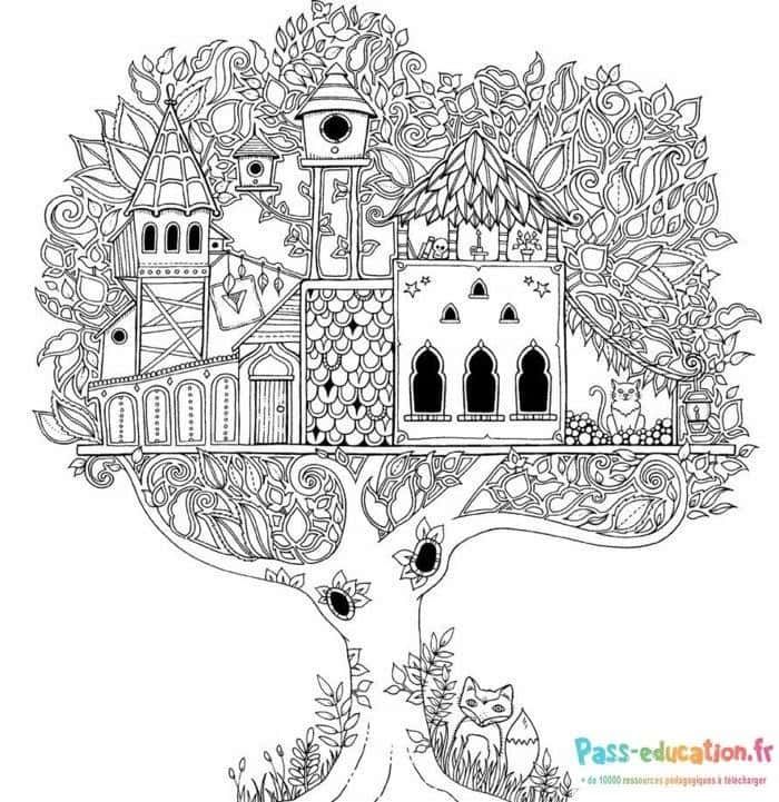 Coloriage Maison arbre fantastique à imprimer et colorier