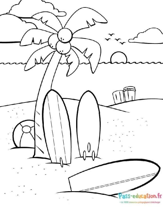 Coloriage Plage avec surf à imprimer et colorier