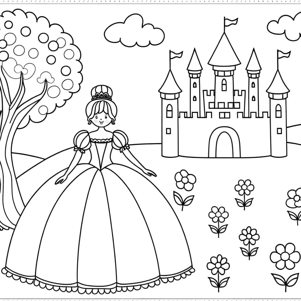 Coloriage Princesse et château à imprimer et colorier