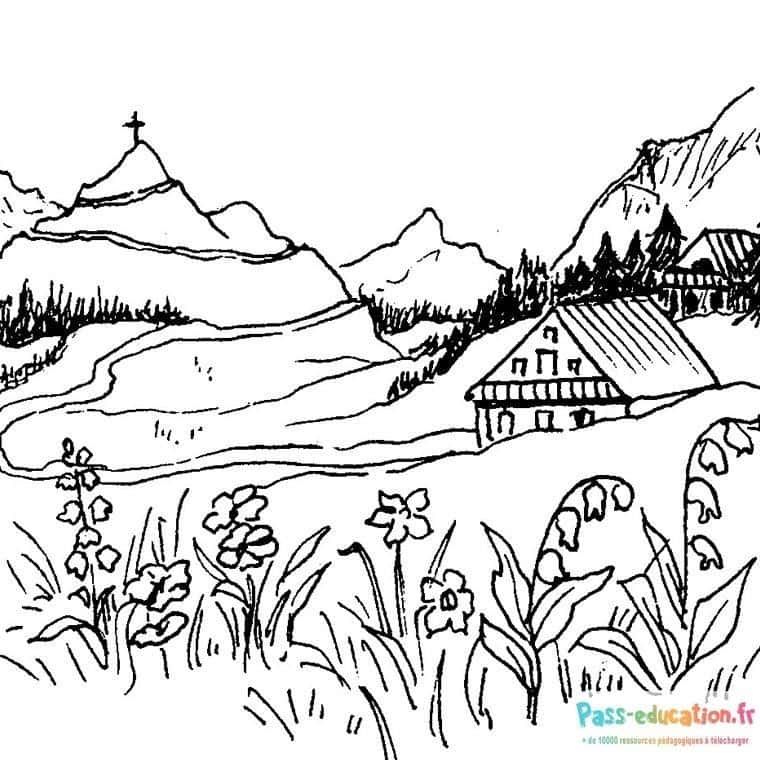 Coloriage Paysage montagneux à imprimer et colorier