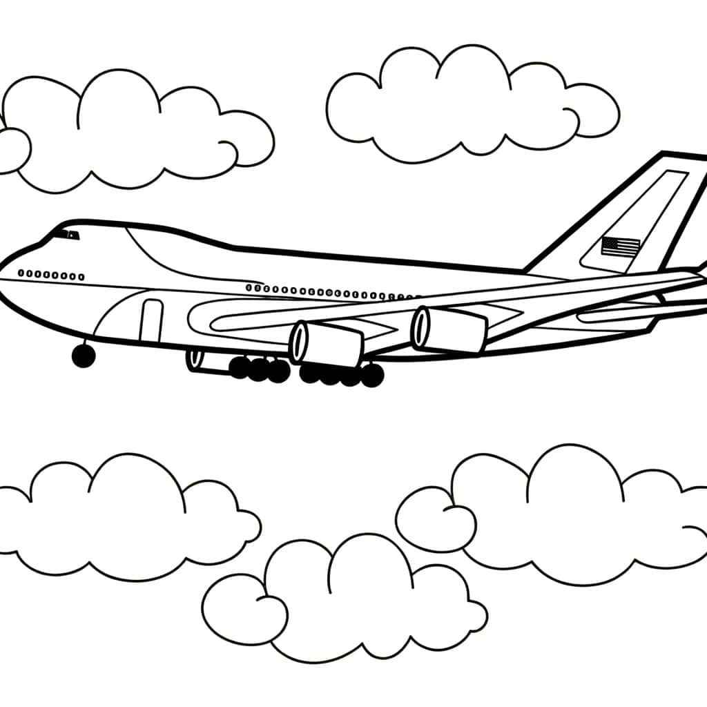 Coloriage Avion de ligne nuages à imprimer et colorier