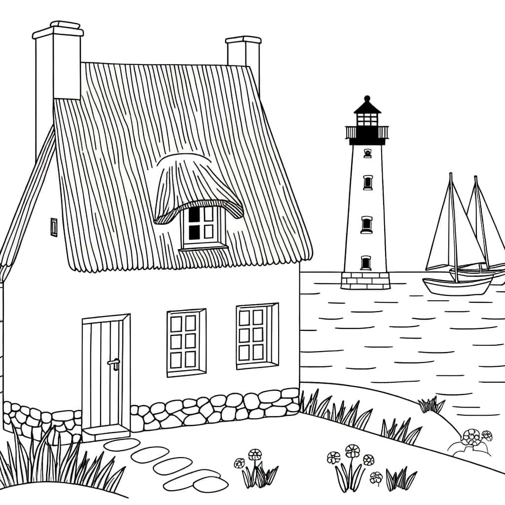 Coloriage Maison bretonne près de la mer à imprimer et colorier