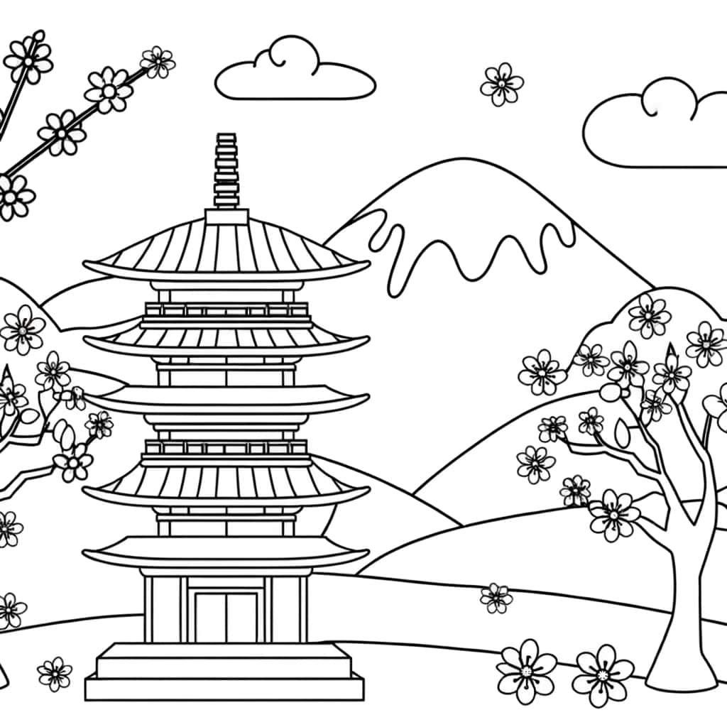 Coloriage Paysage japonais à imprimer et colorier