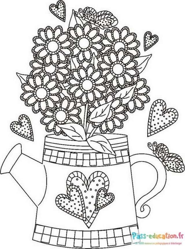Coloriage Fleurs dans arrosoir à imprimer et colorier