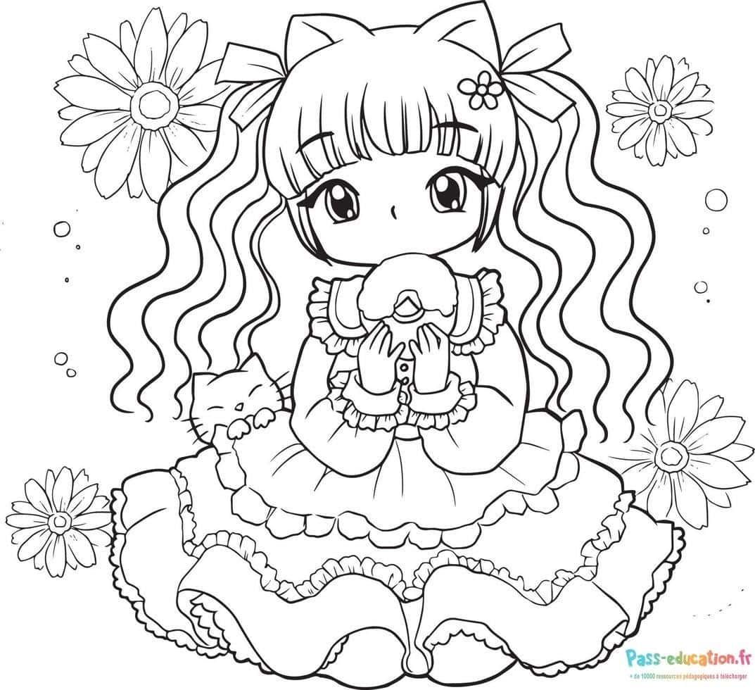 Coloriage Fille anime avec chat à imprimer et colorier
