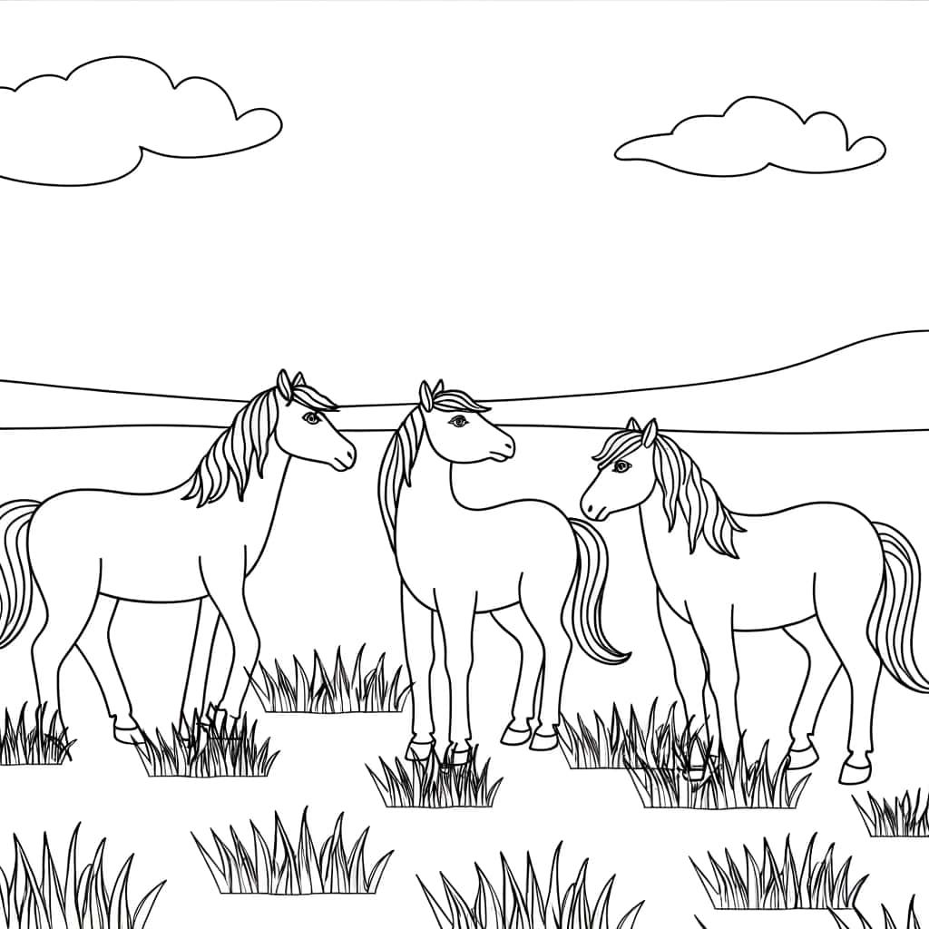 Coloriage Trois chevaux à imprimer et colorier