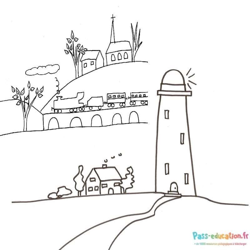 Coloriage Paysage avec phare à imprimer et colorier