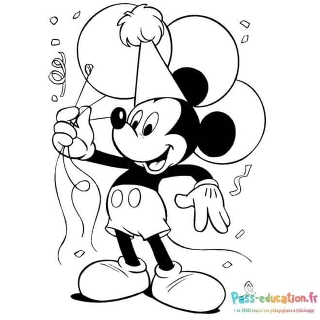Coloriage Mickey fête avec ballons à imprimer et colorier