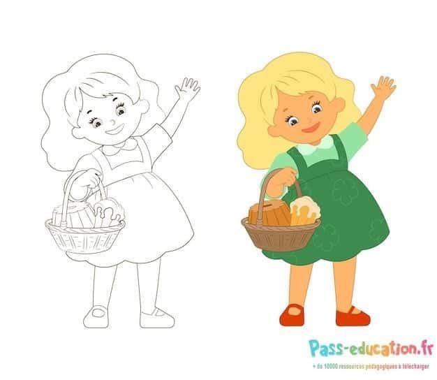 Coloriage Petite Fille avec Panier à imprimer et colorier
