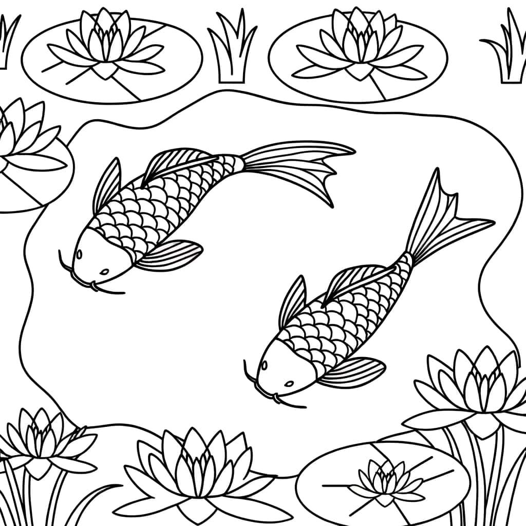 Coloriage Carpe et nénuphars à imprimer et colorier