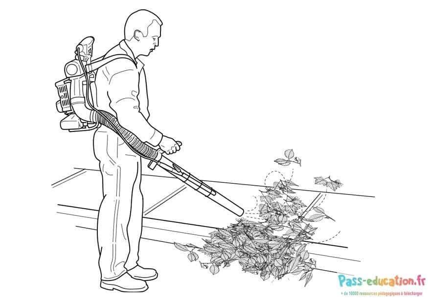 Coloriage Jardinier avec souffleur à imprimer et colorier