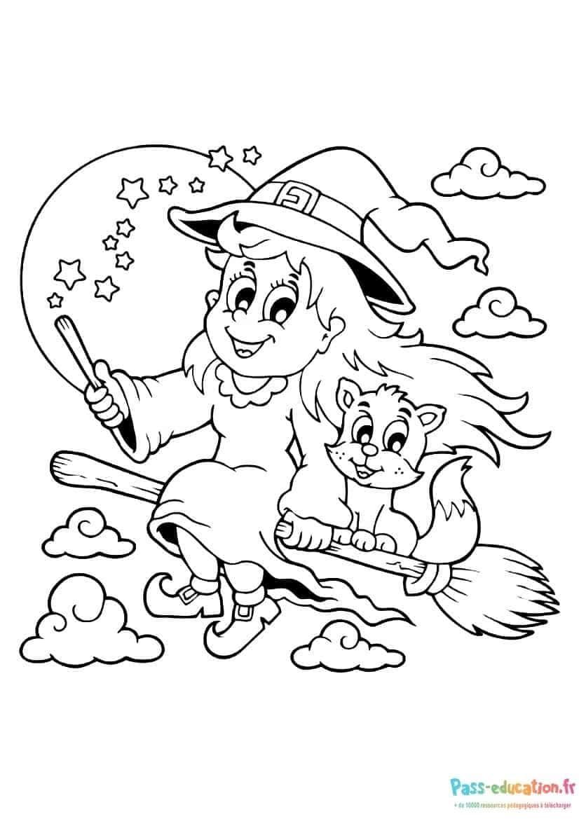 Coloriage Sorcière et chat volants à imprimer et colorier