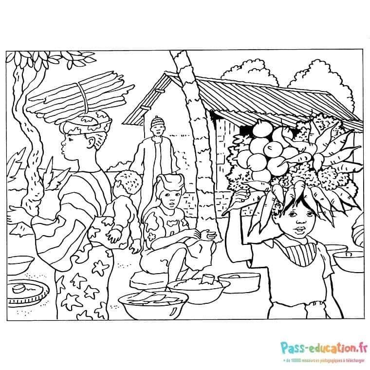 Coloriage Marché africain à imprimer et colorier