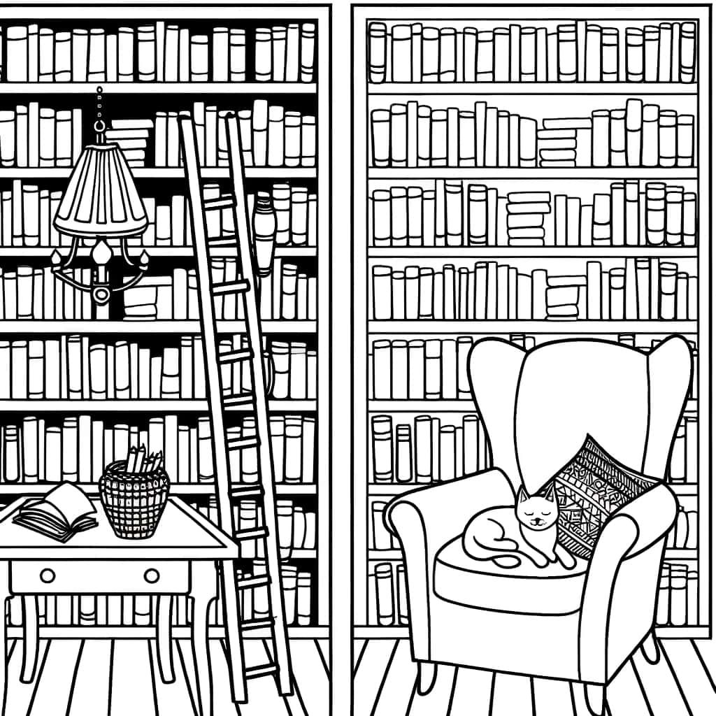 Coloriage Bibliothèque avec chat à imprimer et colorier