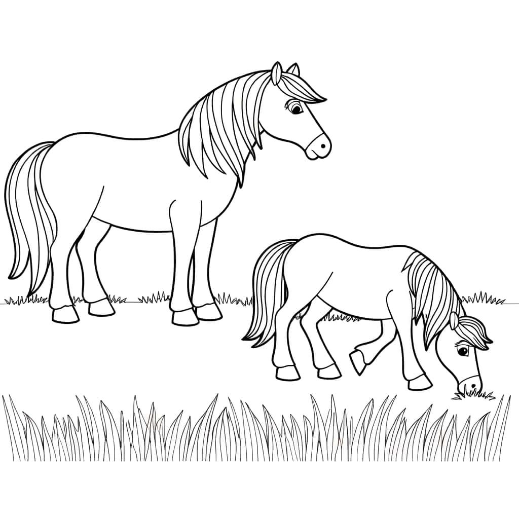 Coloriage Chevaux dans prairie à imprimer et colorier