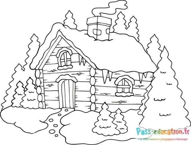 Coloriage Chalet sous la neige à imprimer et colorier