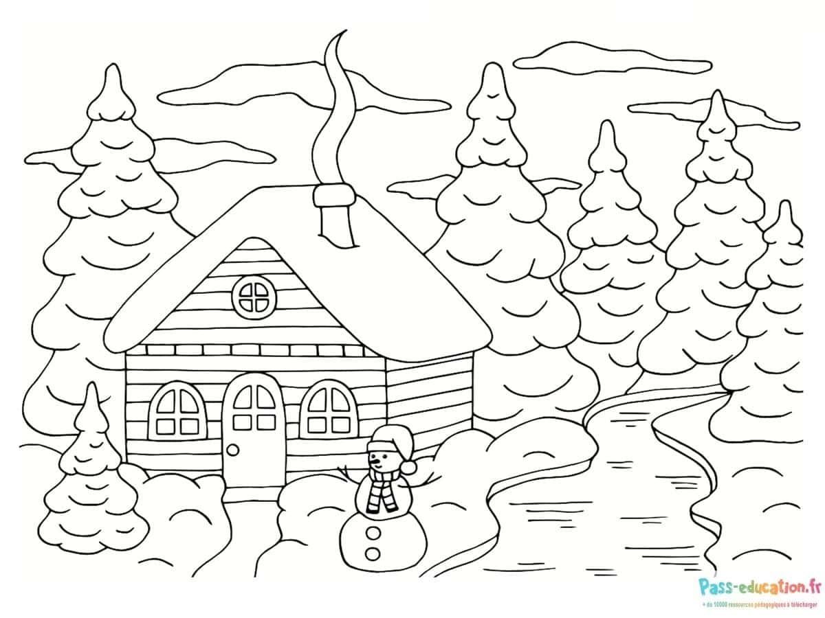 Coloriage Maison enneigée à imprimer et colorier