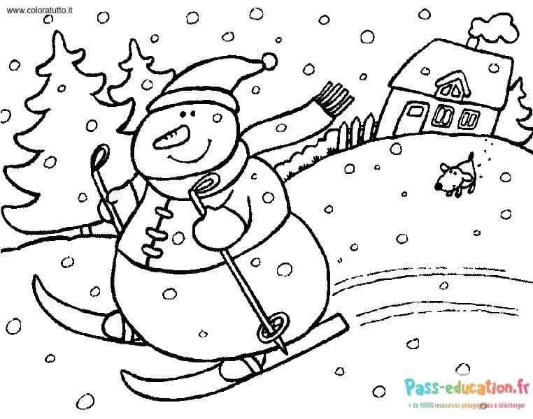 Coloriage Bonhomme de neige en ski à imprimer et colorier